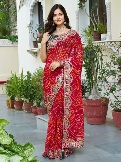 Eye - Catching Red Bandhani Print Wedding Wear Saree - Ethnic Plus In